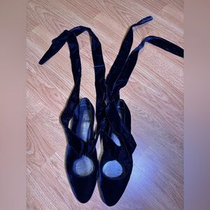 Blue Velvet Ballet Flats with Ribbon Ties